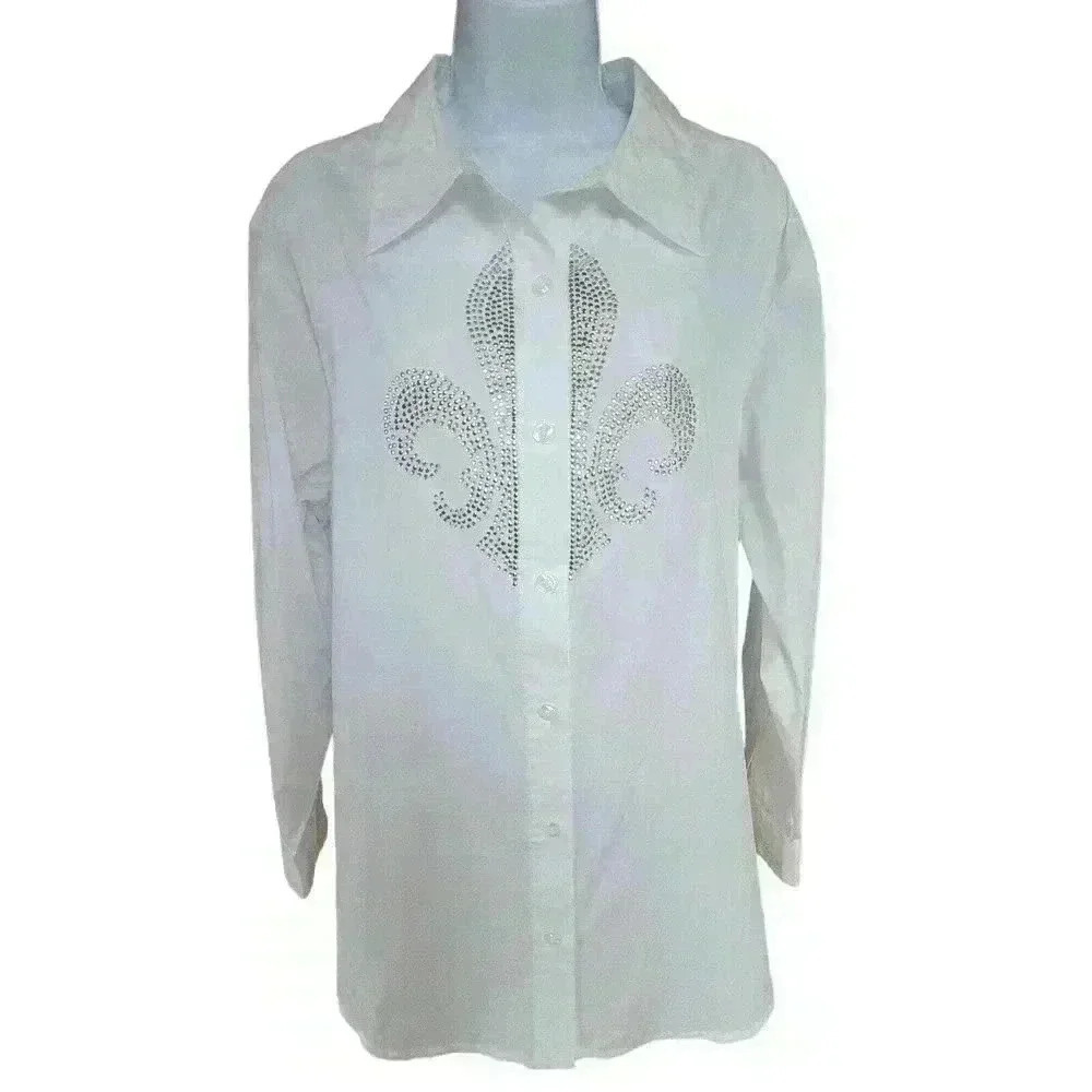 Quacker Factory White Button Up Rhinestone Bling Blouse/Top Women's Plus Size 1X